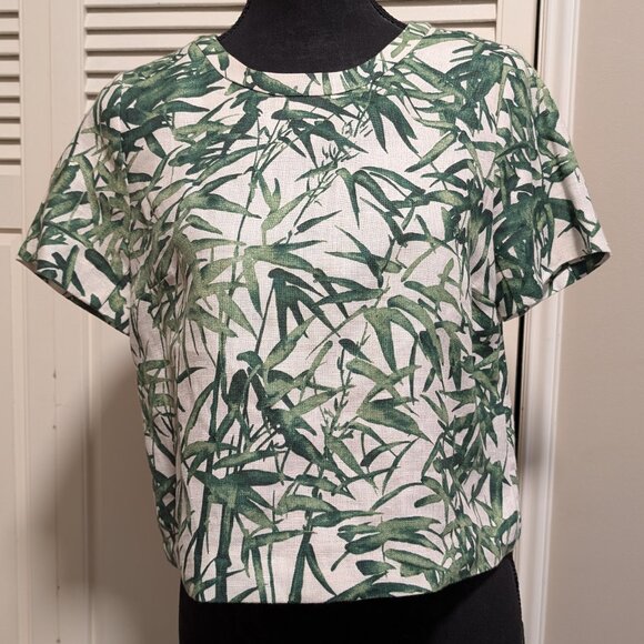 Massimo Dutti Cropped 100% Linen Bamboo Print Top Cream/Green Size 6 NWOT - Picture 1 of 5